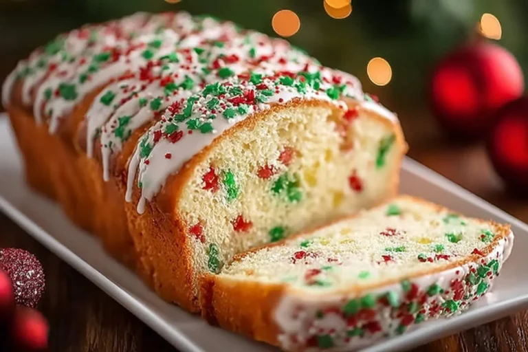A festive Christmas Sprinkle Buttermilk Bread loaf, sliced, with white glaze and red and green sprinkles on a white platter.