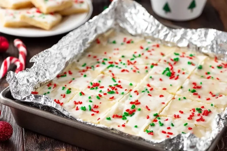 A baking pan filled with frosted Christmas Sugar Cookie Bars cut into squares, adorned with red and green sprinkles.