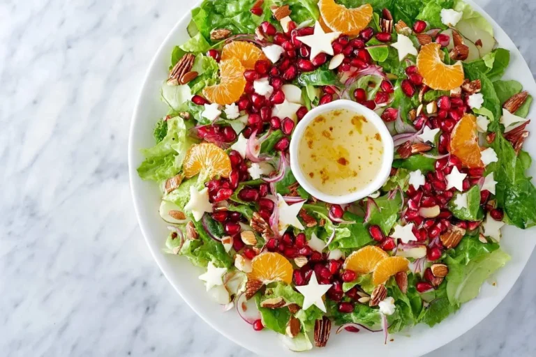 A vibrant Christmas Wreath Salad on a white plate, featuring mixed greens, pomegranate seeds, mandarin orange slices, star-shaped cheese, pecans, and a small bowl of vinaigrette dressing on a marble background.