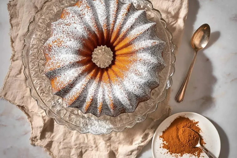 Overhead shot of a cinnamon swirl bundt cake dusted with powdered sugar, displayed on a glass cake stand with a spoon and cinnamon powder.