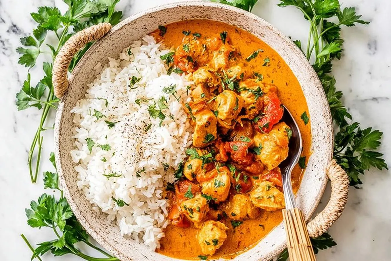 A rustic bowl featuring creamy coconut chicken curry with white rice, garnished with fresh parsley, on a marble surface.