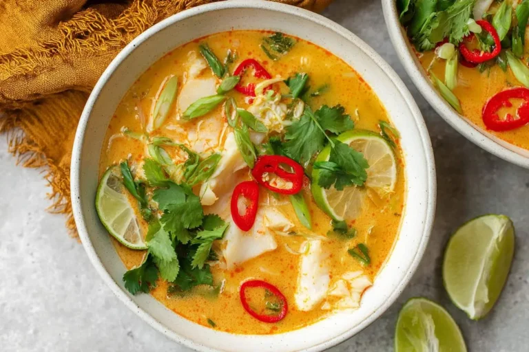 A close-up of a white bowl filled with vibrant coconut lime fish soup, garnished with fresh cilantro, red chili, and lime wedges.