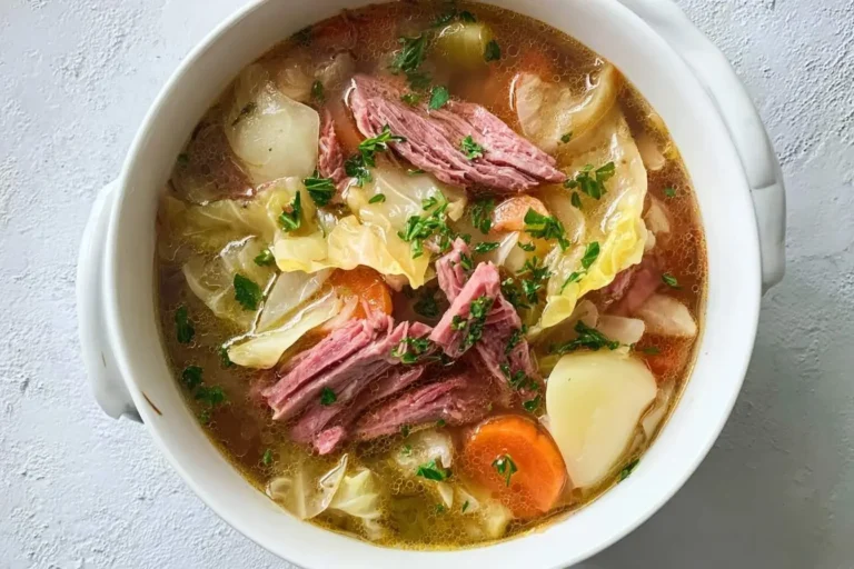 A close-up overhead shot of a white bowl filled with hearty corned beef cabbage soup, garnished with fresh parsley.