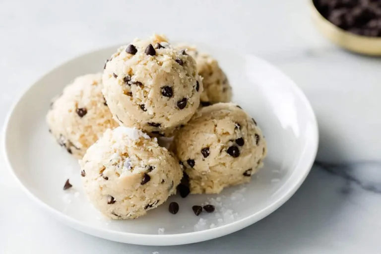 Scoops of edible cottage cheese cookie dough with chocolate chips and a sprinkle of sea salt rest on a white plate.
