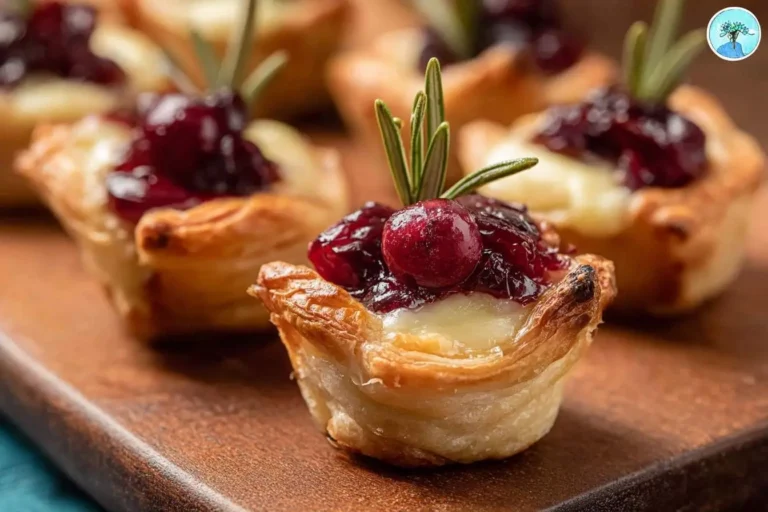 Golden puff pastry cups filled with melted brie and topped with cranberry sauce and rosemary, ready to enjoy as Cranberry brie bites.