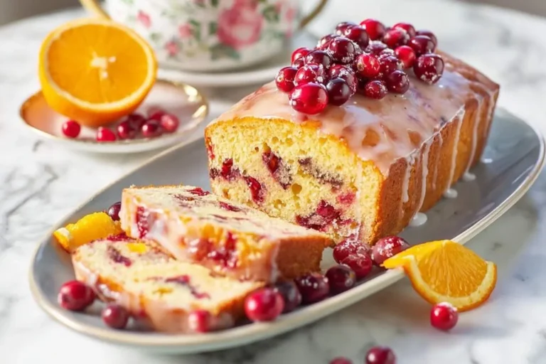 A glazed loaf of cranberry orange bread, sliced to show its fruit-studded interior, served with fresh cranberries and orange slices on a marble surface.