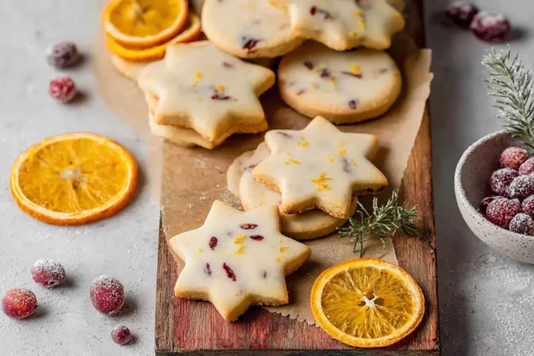 Glazed star and round Cranberry Orange Shortbread Cookies on a board with dried orange slices and frosted cranberries.
