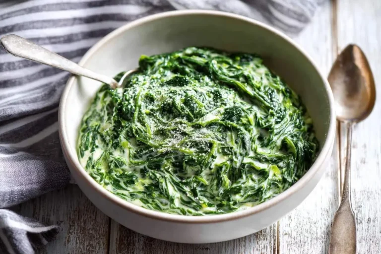A close-up view of a bowl of freshly prepared creamed spinach, topped with a sprinkle of pepper, with a serving spoon resting inside.
