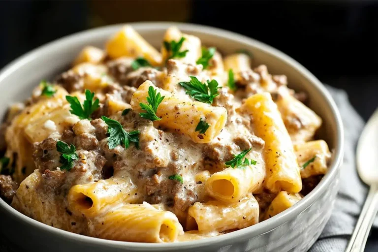 A close-up of a steaming bowl filled with delicious creamy beef pasta, garnished with fresh green parsley.