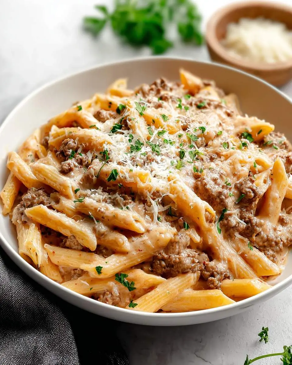 A close-up of a white bowl filled with delicious creamy beef pasta, topped with grated Parmesan cheese and fresh parsley.