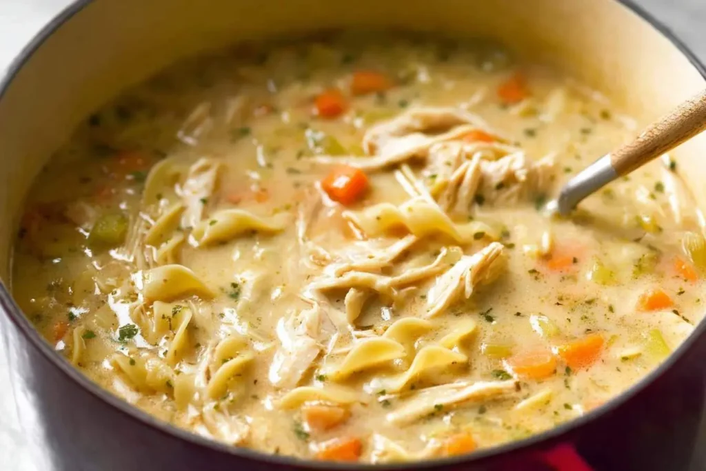 Close-up of a pot of rich and hearty creamy chicken soup with wide egg noodles, shredded chicken, carrots, and celery, with a spoon.