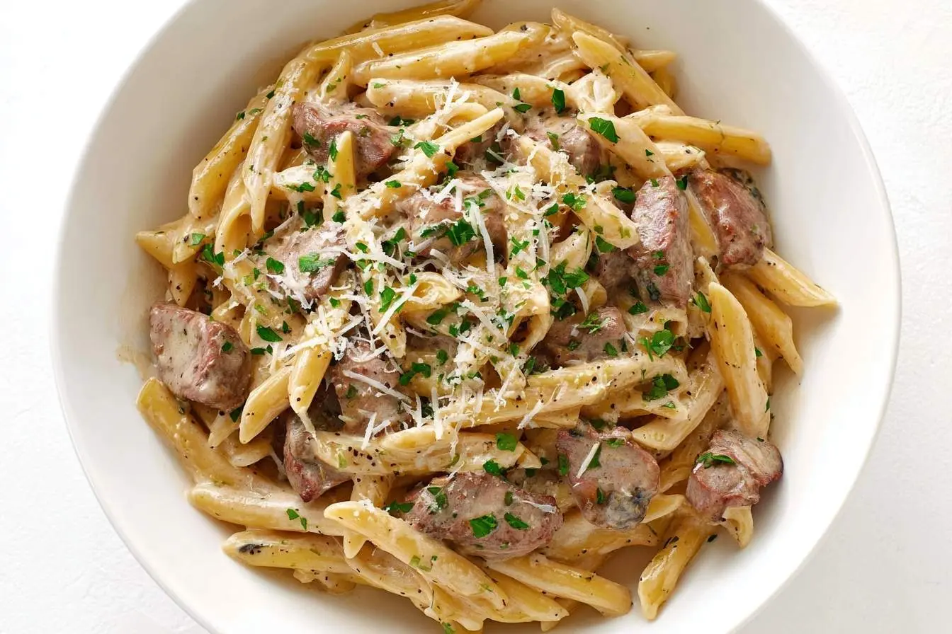 A close-up shot of a white bowl filled with rich and savory creamy steak pasta, garnished with fresh parsley and grated Parmesan cheese.