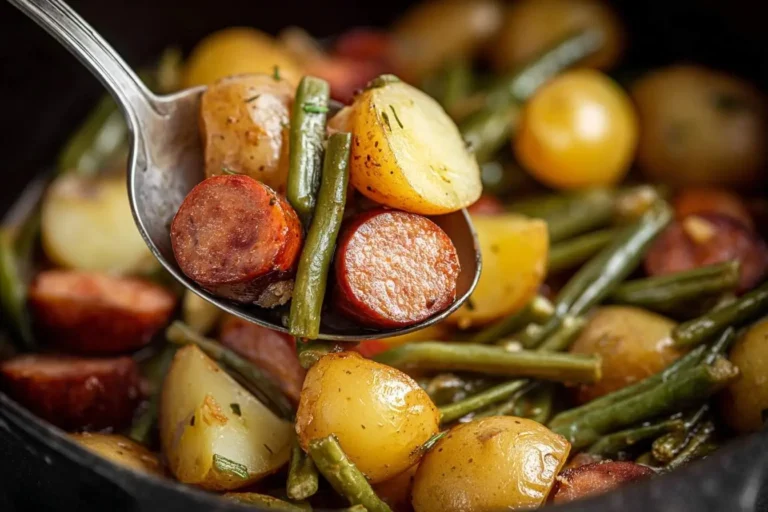 A spoon lifts savory Crock Pot Swamp Potatoes with sliced sausage and green beans from a dark pot.