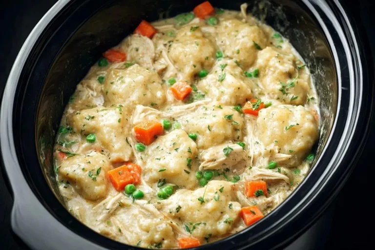 A top-down view of a black crockpot filled with steaming crockpot chicken and dumplings, featuring tender chicken, fluffy dumplings, peas, and carrots.
