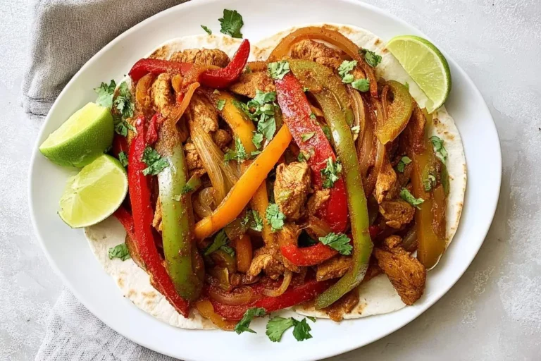 Overhead view of a white plate piled high with colorful Crockpot Fajitas, featuring chicken, bell peppers, onions, fresh cilantro, and lime.