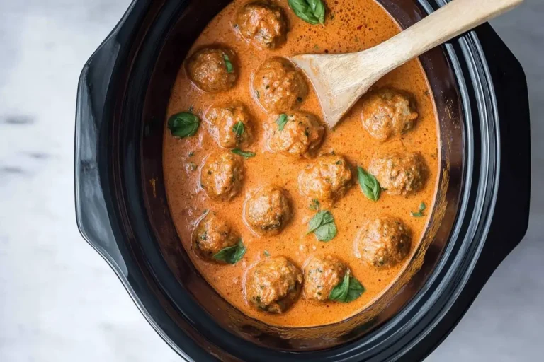 A top-down view of delicious Crockpot Garlic Parmesan Meatballs simmering in a rich, creamy red sauce with fresh basil in a black slow cooker, with a wooden spoon.