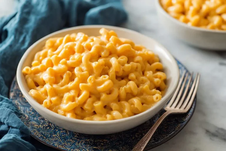 A delicious, creamy bowl of golden Crockpot Mac and Cheese featuring elbow macaroni, served on a decorative blue plate with a fork.