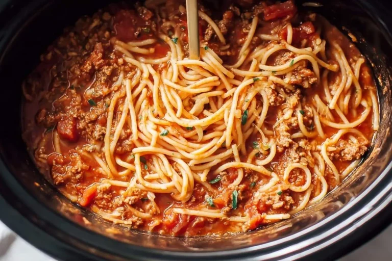Close-up of delicious Crockpot Spaghetti with rich meat sauce and tender noodles being stirred in a slow cooker.