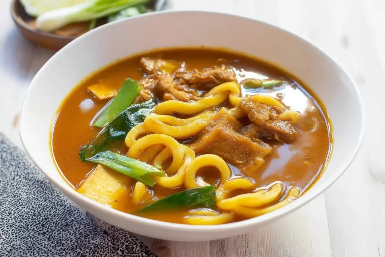 A close-up of a steaming bowl of rich, amber curry udon noodle soup with thick yellow noodles, tender meat, and green onions.