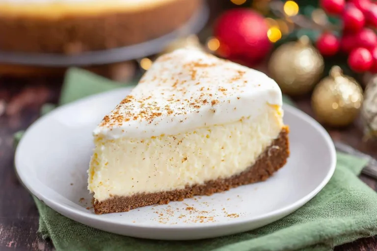 A tempting slice of eggnog cheesecake topped with whipped cream and cinnamon on a white plate with festive Christmas decorations in the background.