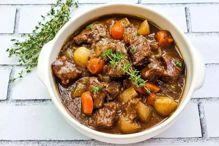 A close-up of a hearty French Beef Bourguignon stew in a white bowl, garnished with fresh thyme, featuring tender beef, carrots, and potatoes.