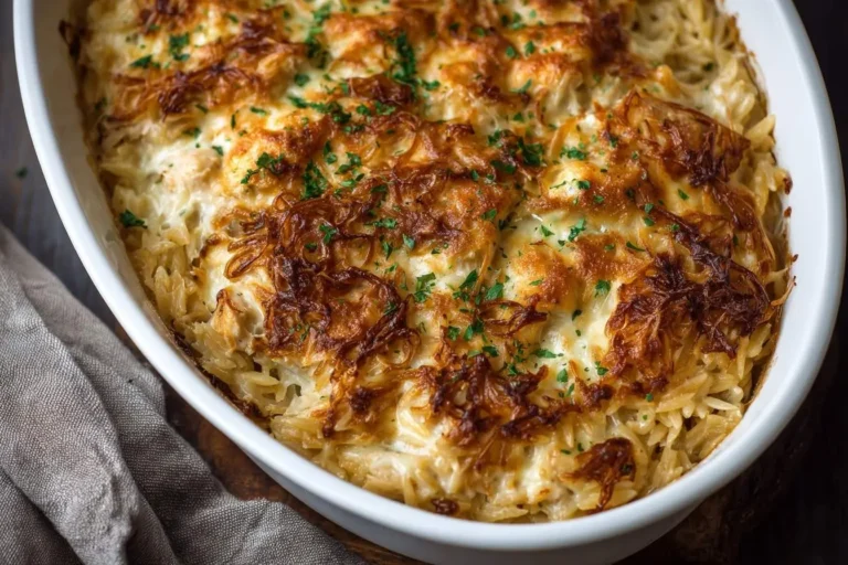 A close-up of a bubbling French Onion Chicken Orzo Casserole in a white baking dish, topped with golden cheese, crispy onions, and fresh parsley.