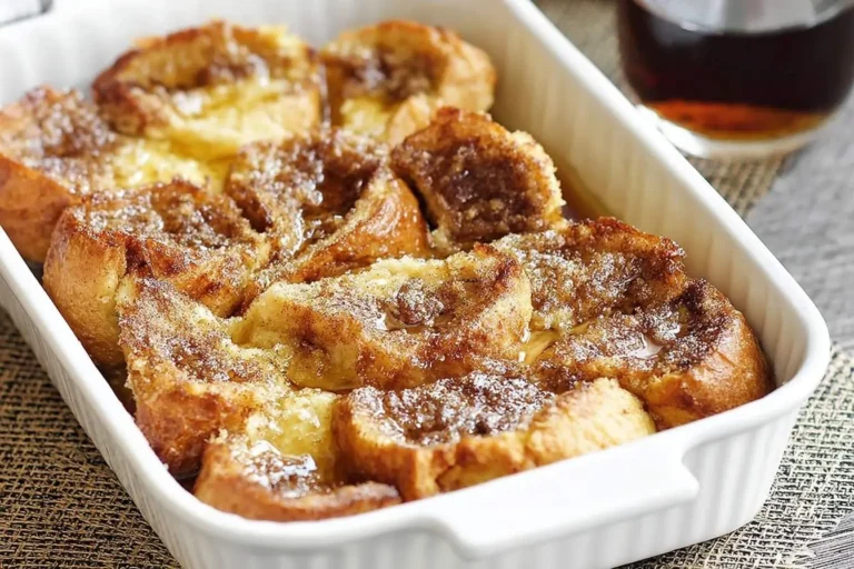 Delicious French Toast Casserole in a white baking dish, featuring golden-brown bread pieces, powdered sugar, and a hint of syrup.