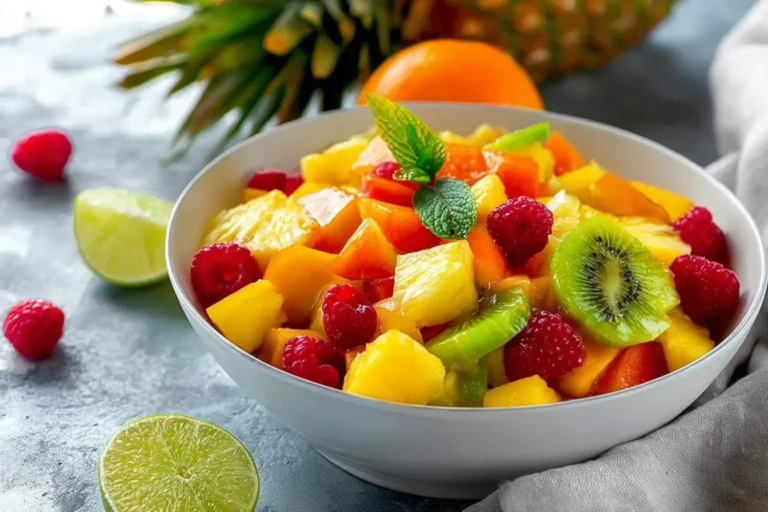 Colorful fruit salad in a white bowl featuring pineapple, mango, kiwi, and raspberries, with fresh lime and whole fruits in the background.