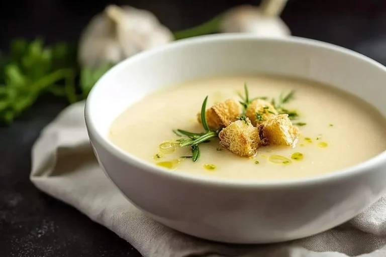 A close-up of a creamy white garlic soup in a white bowl, garnished with golden croutons, fresh rosemary, and olive oil.