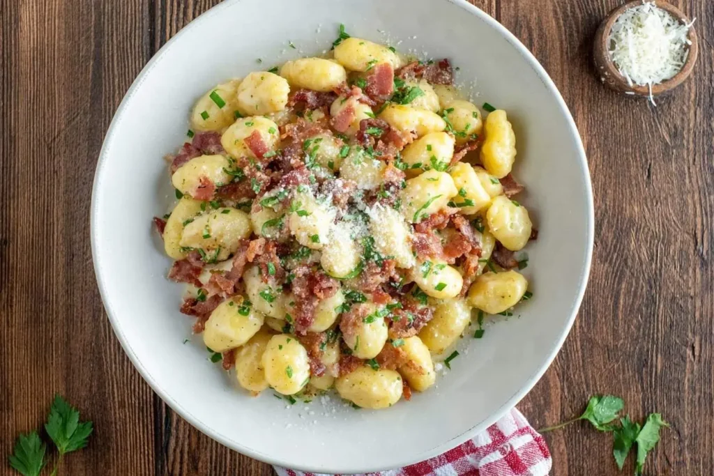 A top-down view of a white bowl filled with creamy Gnocchi Carbonara, topped with crispy bacon, fresh parsley, and grated Parmesan cheese on a wooden table.