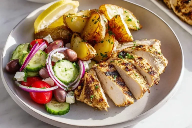 A close-up of a plate featuring sliced grilled Greek chicken, roasted potato wedges, and a fresh Greek salad with feta cheese and olives, garnished with a lemon wedge.