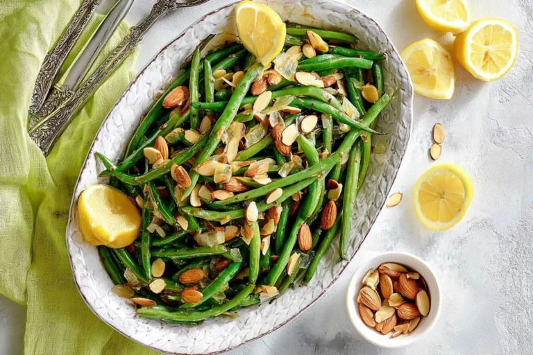 A vibrant oval dish of Green Beans Almondine, garnished with toasted almonds, caramelized onions, and fresh lemon wedges.