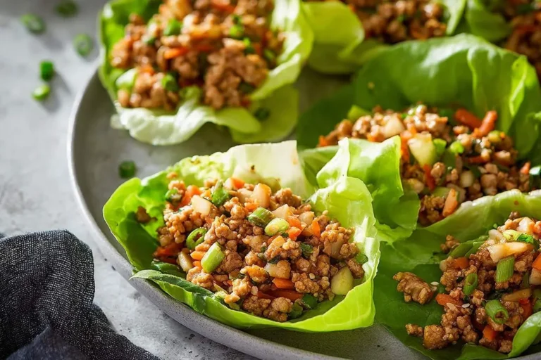A close-up shot of multiple fresh ground turkey lettuce wraps filled with seasoned turkey, carrots, and green onions on a grey plate.