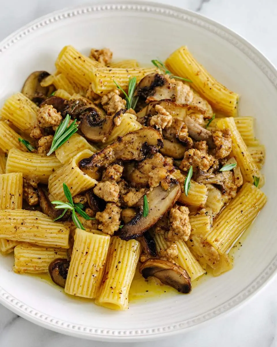 A white bowl filled with delicious Ground Turkey Pasta, featuring rigatoni, sautéed mushrooms, and fresh rosemary sprigs.