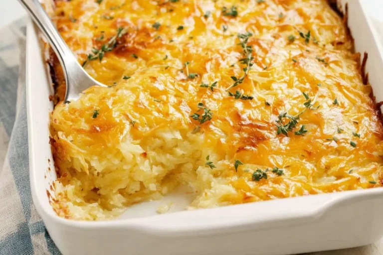 A serving spoon scoops a golden, cheesy hashbrown casserole from a white baking dish, garnished with fresh thyme.
