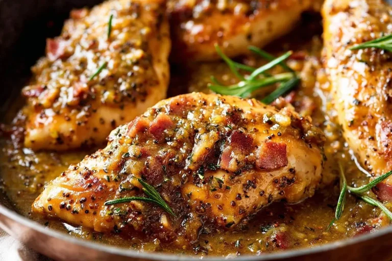 Close-up of Honey Mustard Chicken breasts with bacon bits and fresh rosemary in a golden, speckled sauce, served in a pan.
