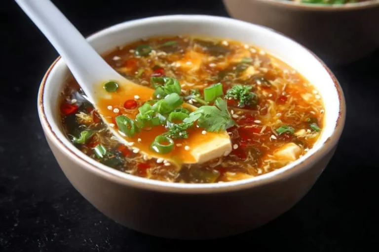 A close-up of a spoon lifting tofu from a steaming bowl of hot and sour soup, garnished with fresh scallions and cilantro.