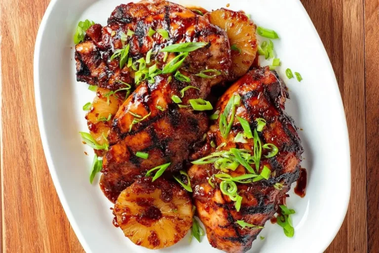 Close-up of succulent Huli Huli Chicken breasts with prominent grill marks, glazed pineapple slices, and fresh green onions on a white plate.