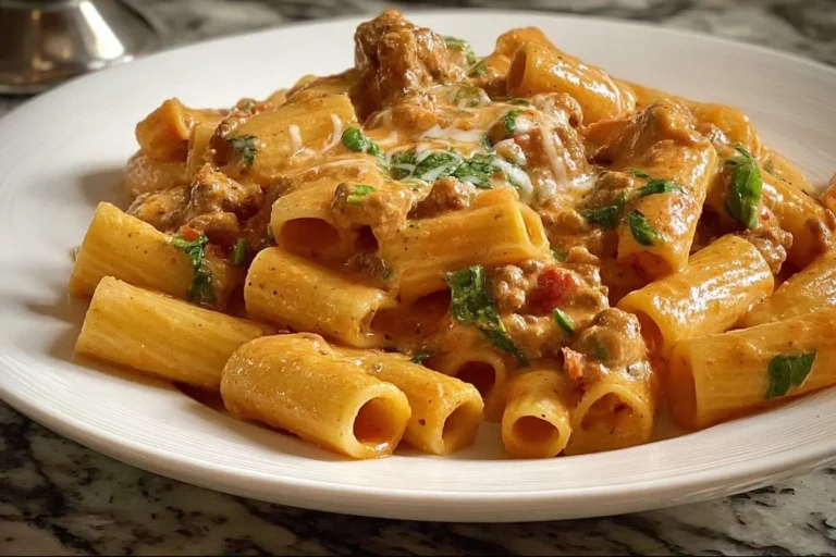 A close-up of a plate of creamy Italian Sausage Rigatoni pasta, featuring a rich, orange-hued sauce with ground sausage, melted cheese, and fresh green herbs.