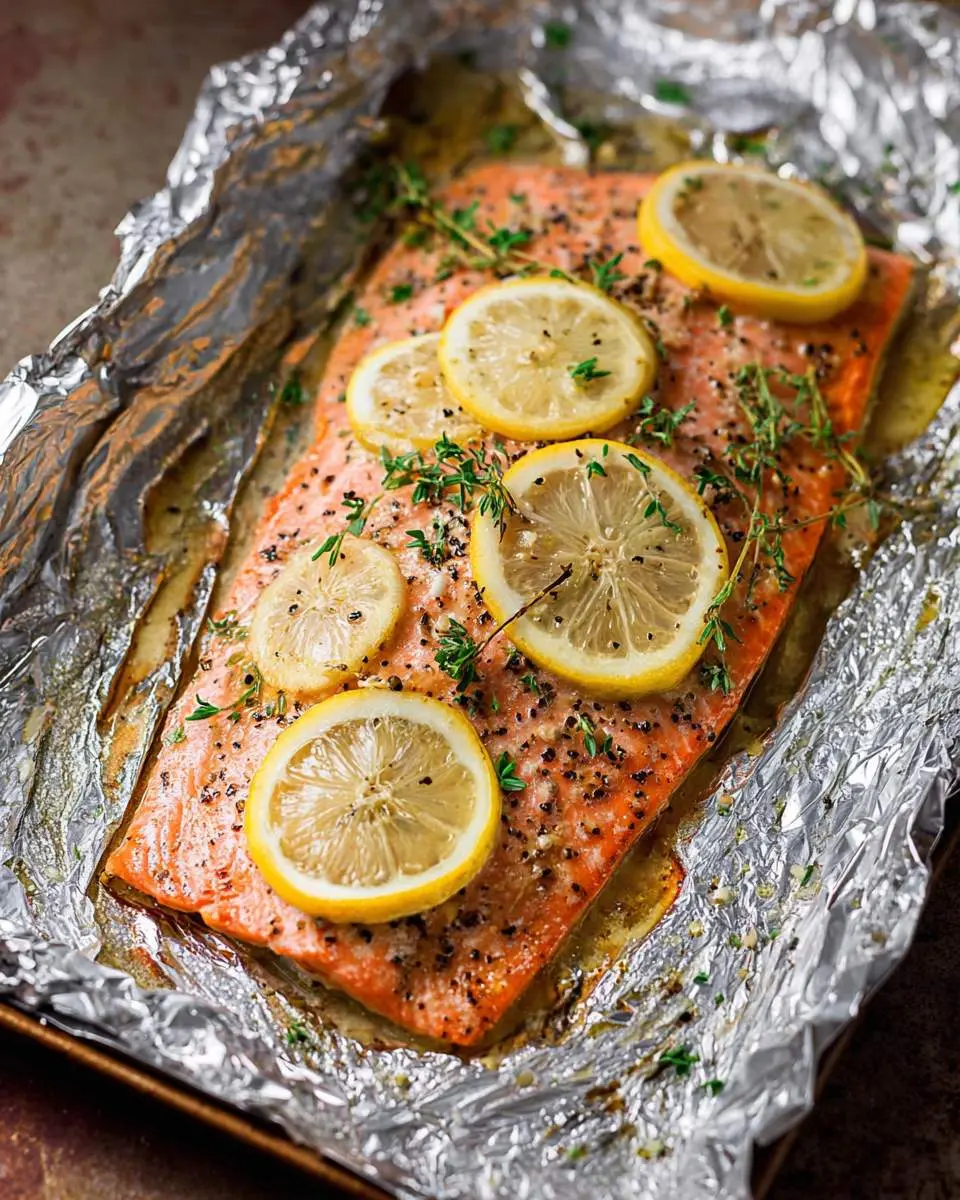 A perfectly cooked lemon butter salmon fillet seasoned with black pepper and fresh thyme, topped with lemon slices, resting in foil.