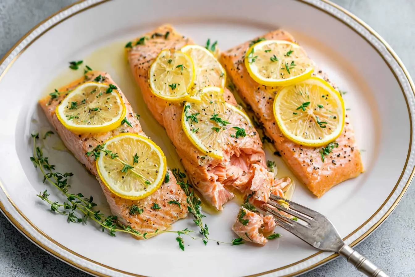 Three perfectly cooked lemon butter salmon fillets with fresh lemon slices and thyme on a white plate, one being flaked with a fork.