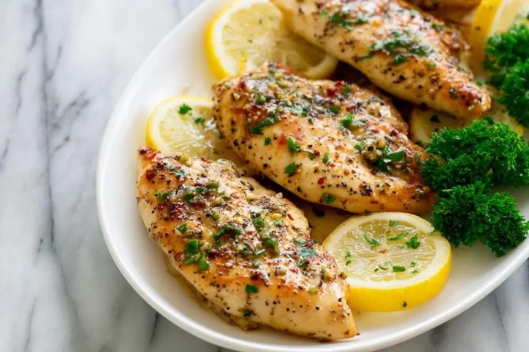 A white oval platter featuring several golden-brown Lemon Pepper Chicken breasts, garnished with fresh parsley and lemon slices, on a marble surface.