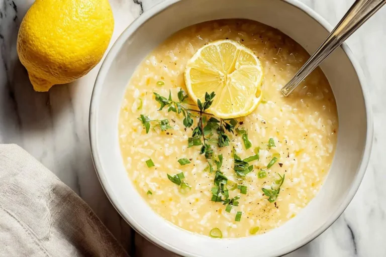 A top-down view of a white bowl filled with creamy lemon rice soup, garnished with a lemon slice and fresh herbs. A whole lemon sits next to the bowl.