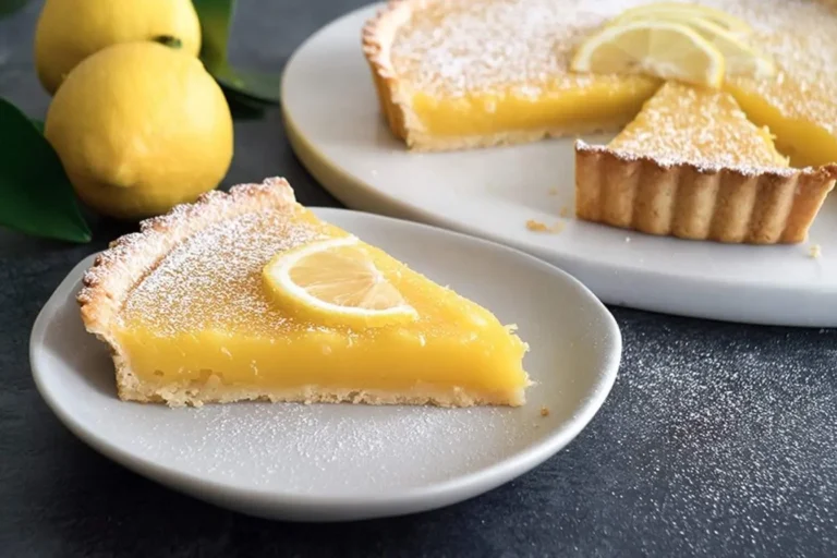 A beautifully presented slice of lemon tart with powdered sugar and a lemon garnish, a classic lemon tart recipe dessert.