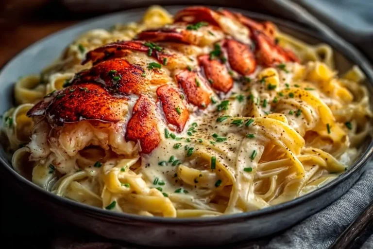 A close-up shot of a gourmet dish featuring vibrant red lobster tails perfectly placed on creamy Lobster Alfredo Pasta, garnished with fresh chives.