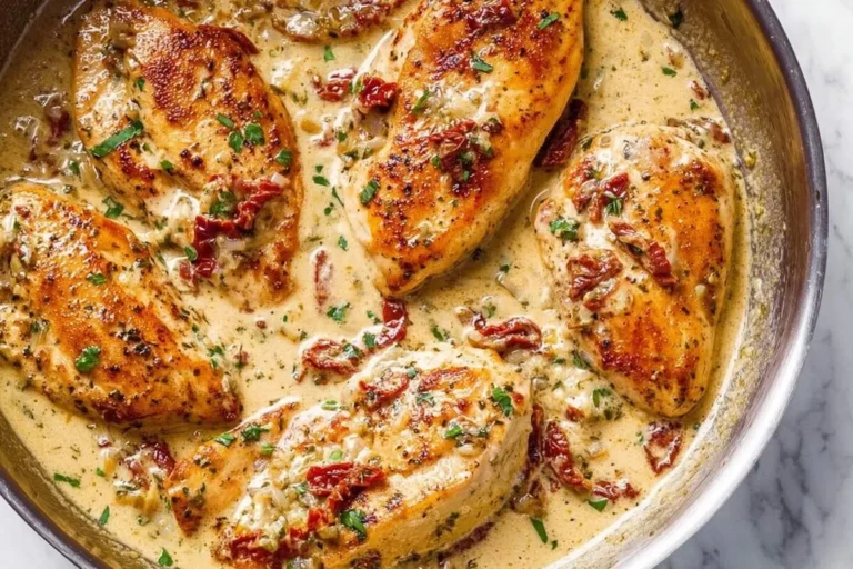 A skillet filled with golden brown Marry Me Chicken breasts in a rich, creamy sauce with sun-dried tomatoes and fresh parsley.