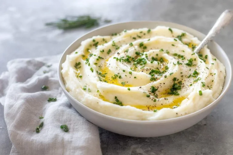 A bowl of smooth, creamy mashed cauliflower, swirled and topped with melted butter, fresh chives, and black pepper, on a grey table.