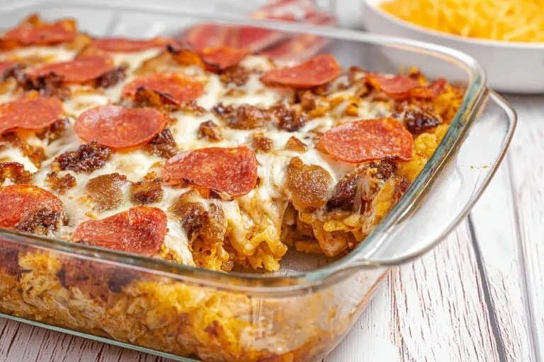 A close-up of a bubbling Meat Lovers Pizza Casserole in a glass baking dish, topped with melted cheese, pepperoni, and ground meat.