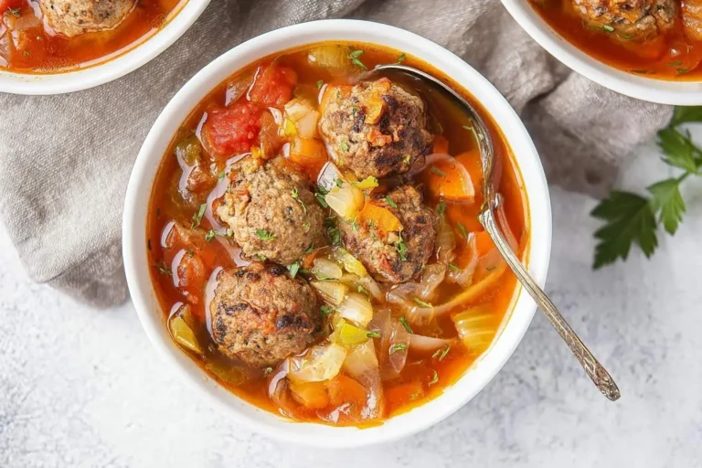 Overhead shot of a white bowl filled with hearty meatball soup, featuring four meatballs, chopped vegetables, and fresh herbs, with a spoon resting in it.