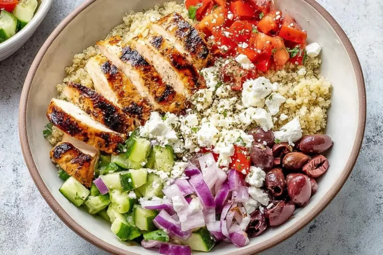 A vibrant mediterranean chicken bowl with grilled chicken, quinoa, tomatoes, feta, olives, cucumbers, and red onion.